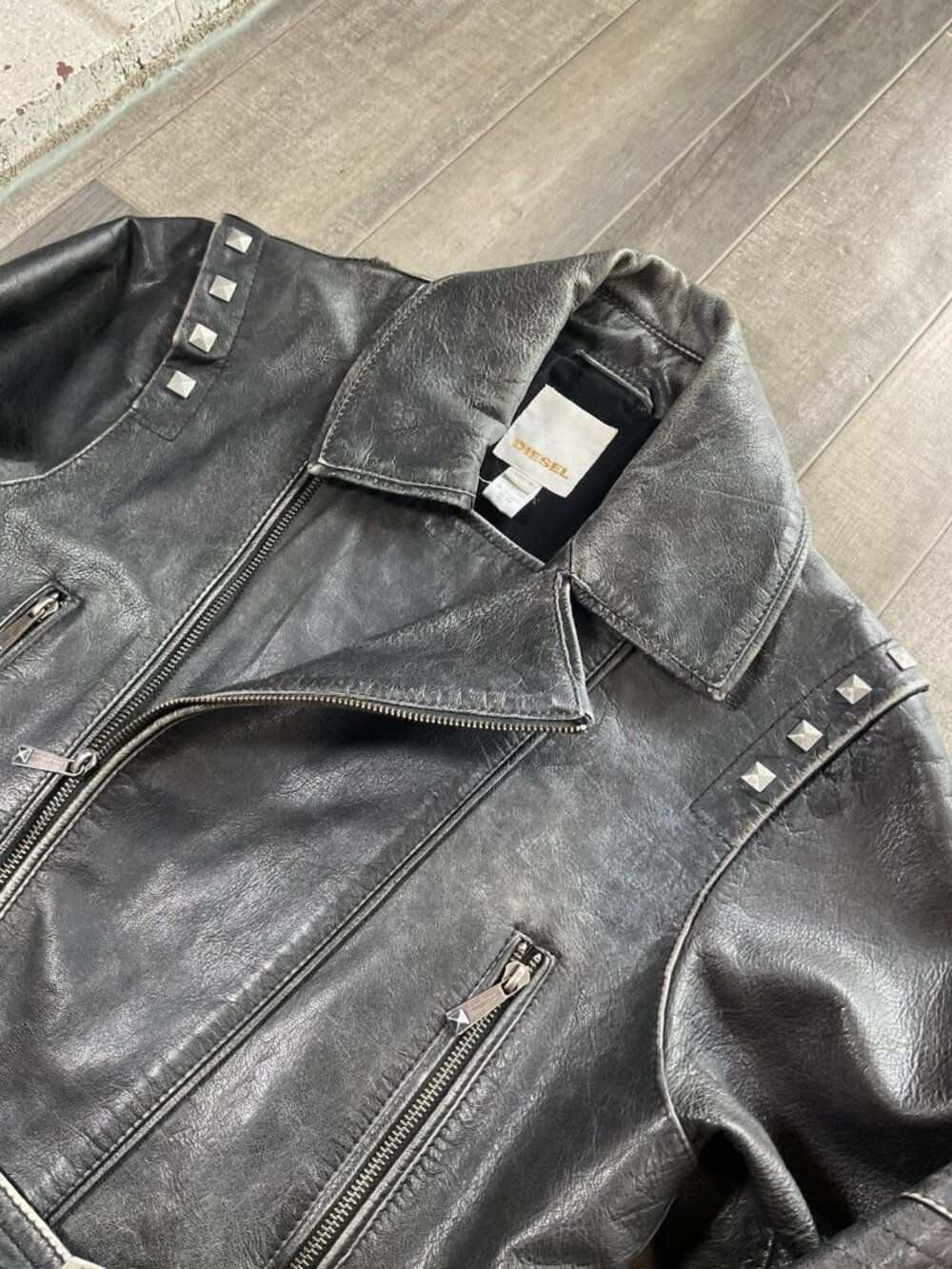 Diesel Goat Leather Moto Biker Jacket Studded Belted Black Gray Womens MED Y2K - Picture 7 of 15